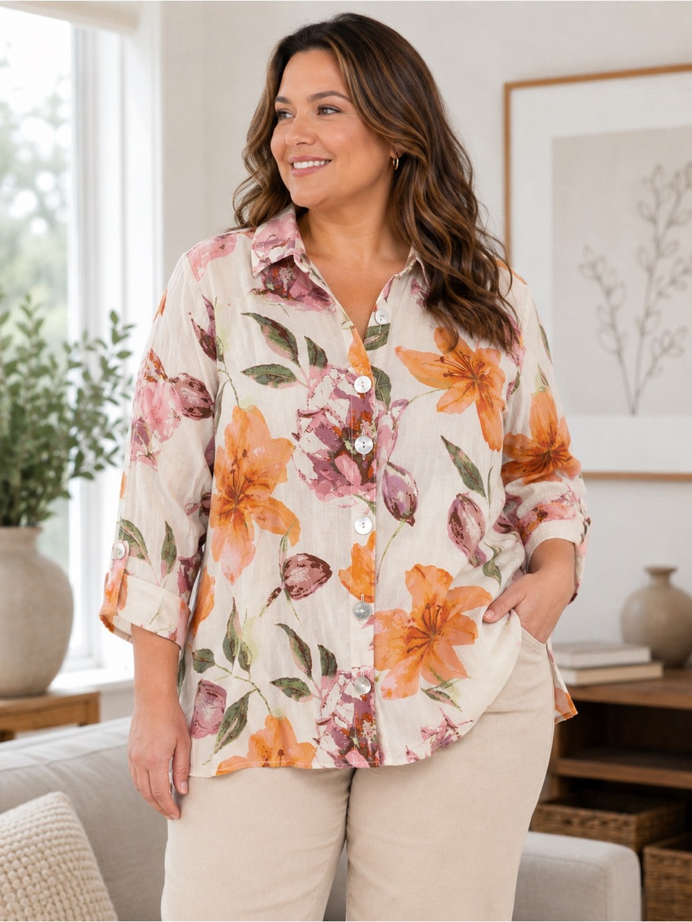 Floral Button-Front Linen Blend Shirt - Cream with Orange & Pink Flowers